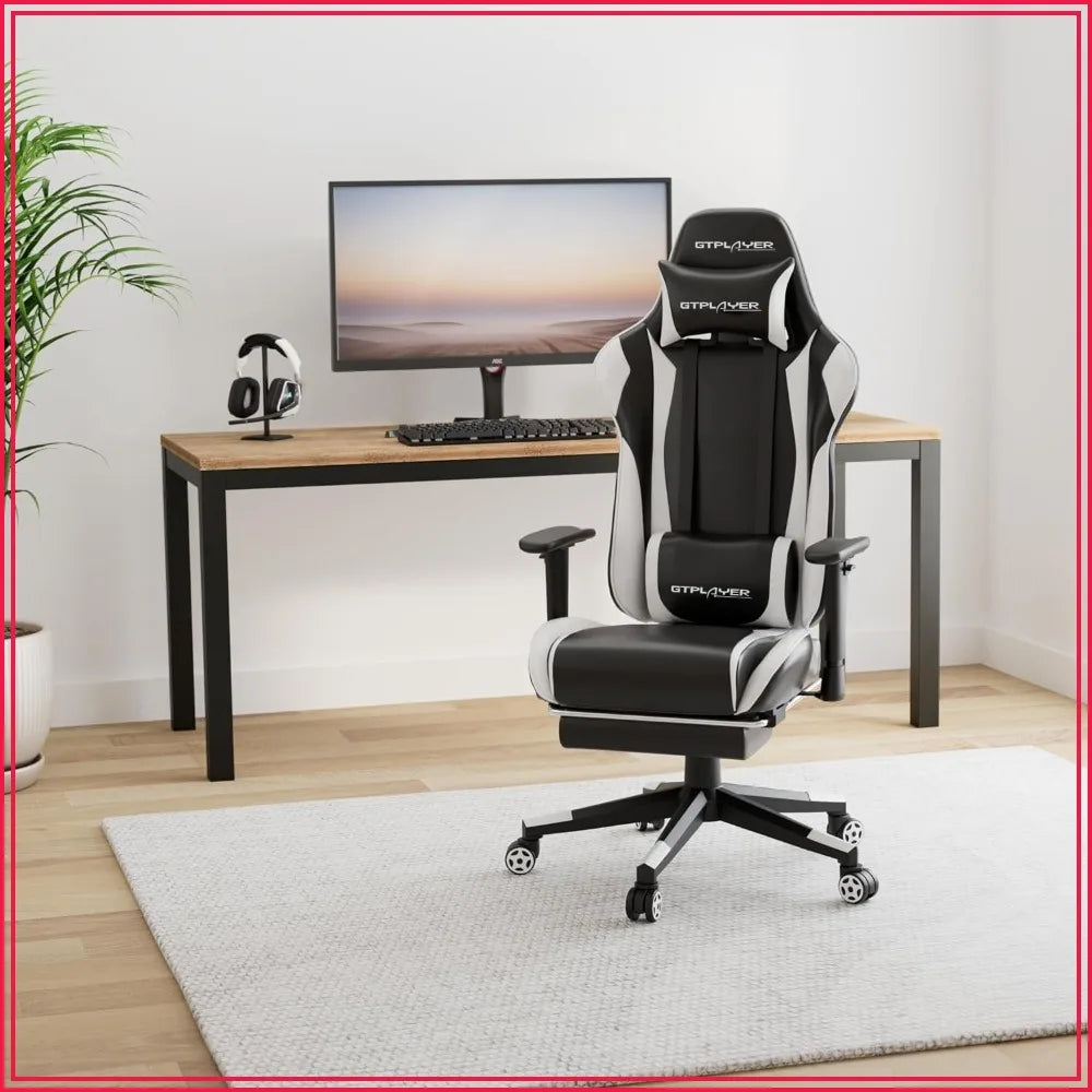 GTPLAYER Gaming Chair with Footrest, Ergonomic Computer Desk Chair, Reclining Swivel with Headrest and Lumbar Support, White