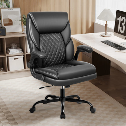 KERDOM Office Desk Chair, Mid Back Executive Leather Chair,Ergonomic Home Computer Chair,Modern Conference Room Chairs with Adjustable Flip-Up Arms and Rocking Function, Black
