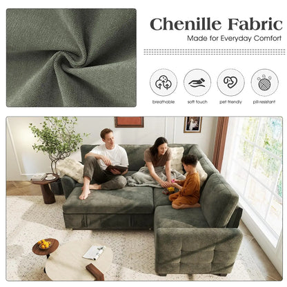 L-Shaped Sectional Sofa Bed with Storage, 5-Seater Convertible Pull Out Sleeper Sofa with USB Charging Ports, 4, Customized