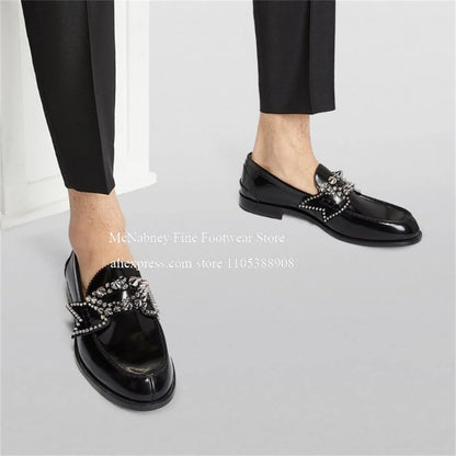 Glossy Silver Spiked Leather No Penny Loafers Men Round Toe Studded Bow Decor Slip on Dress Shoes Party Nightclub Street Shoes