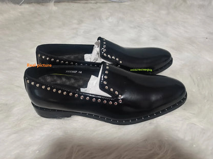 New fashion black shoes for men slip on loafers  rivet square toe  dress shoes Shiny genuine leather men shoes