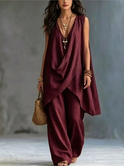 Women's Fashion Cotton Linen Irregular Sleeveless Long Tops 2-piece Set Spring Summer New Casual Wide-leg Trousers Female Suit