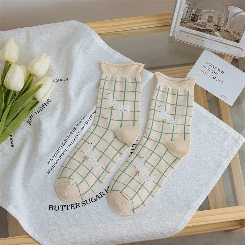 New Style Crew Socks for Women Spring Fashion Cute Flower Long Cotton Socks Japanese Style Breathable Casual Trendy Absorb Sweat