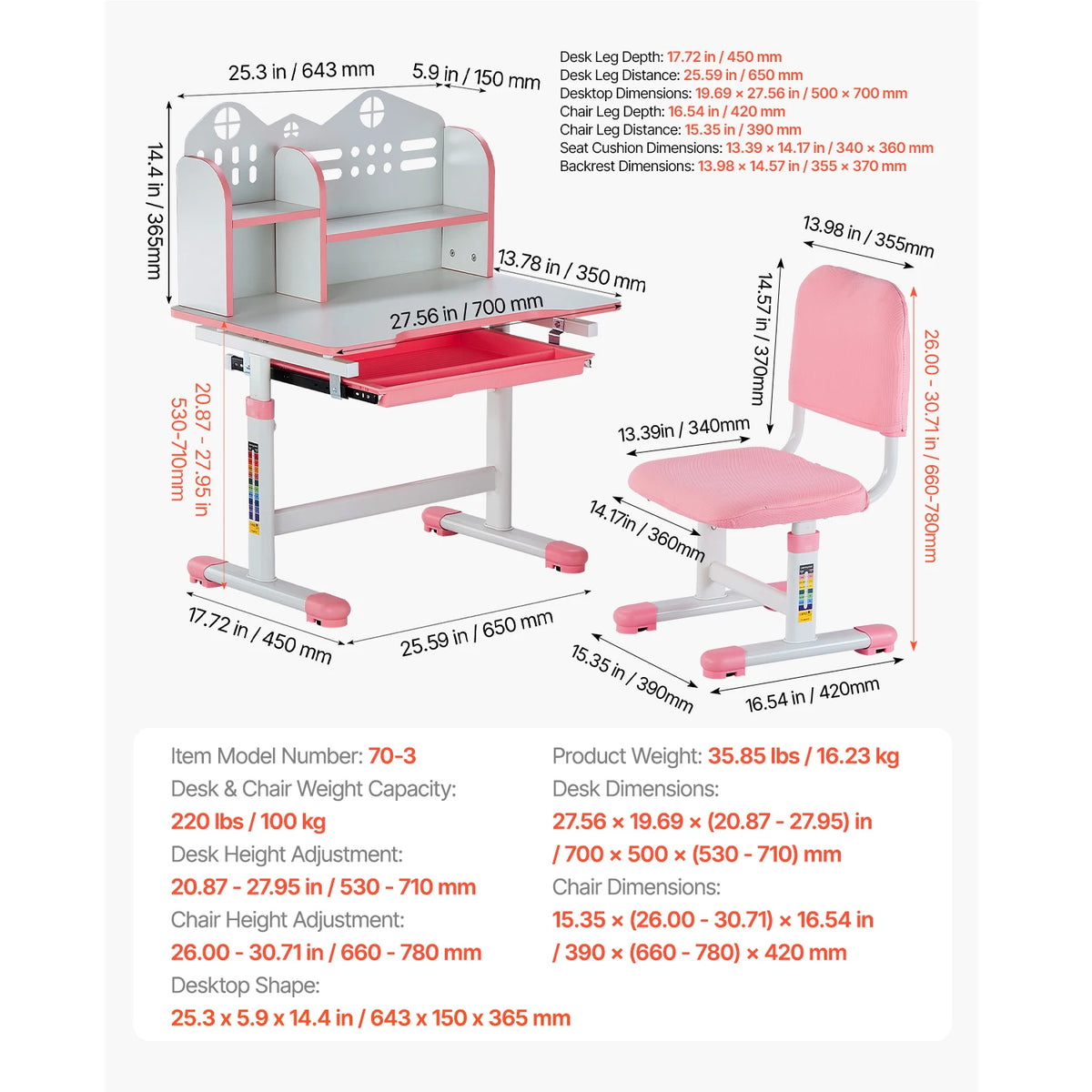 SucceBuy Kids Study Chair and Desk Set Study Desk and Chair for Kids with Table Lamp Adjustable Height  for Bedroom & Study Room