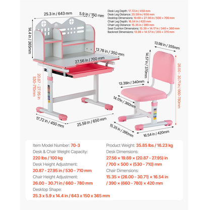 SucceBuy Kids Study Chair and Desk Set Study Desk and Chair for Kids with Table Lamp Adjustable Height  for Bedroom & Study Room