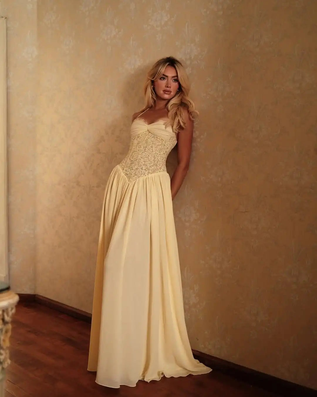 Sexy Yellow Lace Corset Maxi Dress Women's Spaghetti Strap Ruched Bust Flowy Chiffon Long Gowns 2026 Lady Evening Party Wear