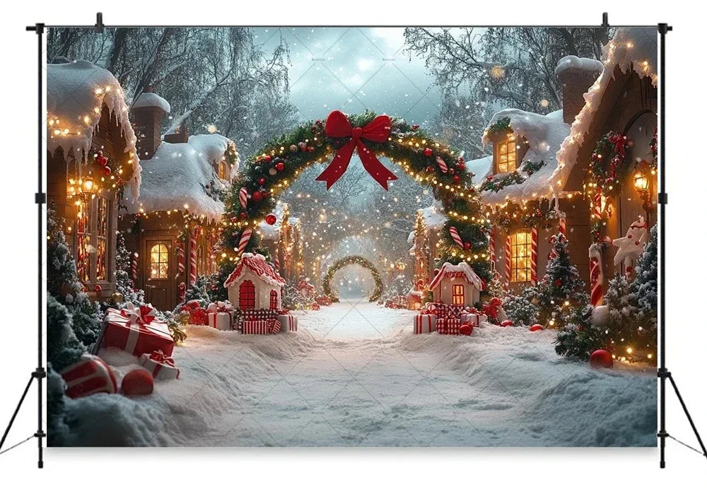 Christmas Gingerbread House Candy Vine Arch Theme Banner Background, Birthday Party, Home Decoration Photography Backdrop Cloth