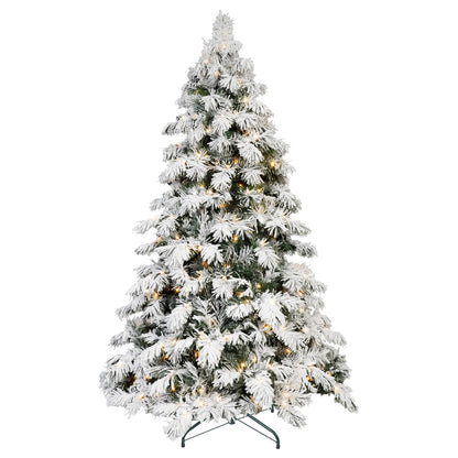 7FT Pre-lit Flocked Artificial Christmas Tree, Snow Flocked Xmas Tree with 360 Warm White LED Lights, 890 PVC Memory Wire Tips, Hinged Structure for Indoor Holiday Decor