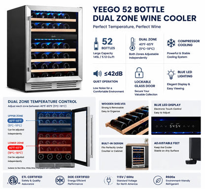 Yeego 52 Bottle Dual Zone Wine Cooler Refrigerator Built In Under Counter Wine Fridge with Compressor Cooling, Adjustable Temperature 40-65°F, Lockable Glass Door LED Light, ETL DOE Certified for Home Kitchen Bar