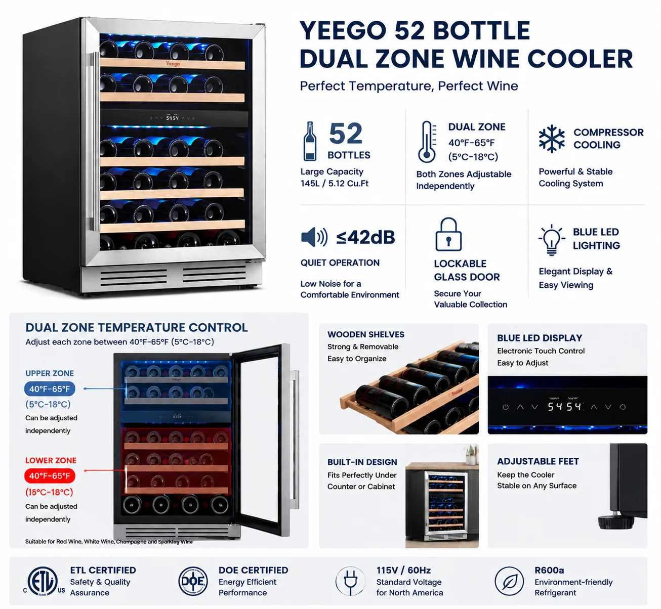 Yeego 52 Bottle Dual Zone Wine Cooler Refrigerator Built In Under Counter Wine Fridge with Compressor Cooling, Adjustable Temperature 40-65°F, Lockable Glass Door LED Light, ETL DOE Certified for Home Kitchen Bar