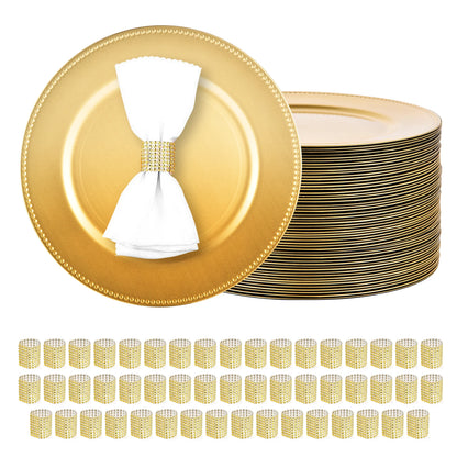 Gold Charger Plates Set of 50 Bulk 13 Inch Round Heavy Duty Reusable Plastic Dinner Chargers with Matching Napkin Ring Holders, Elegant Beaded Decorative Table Setting Serveware for Wedding Reception Christmas Party Holiday B