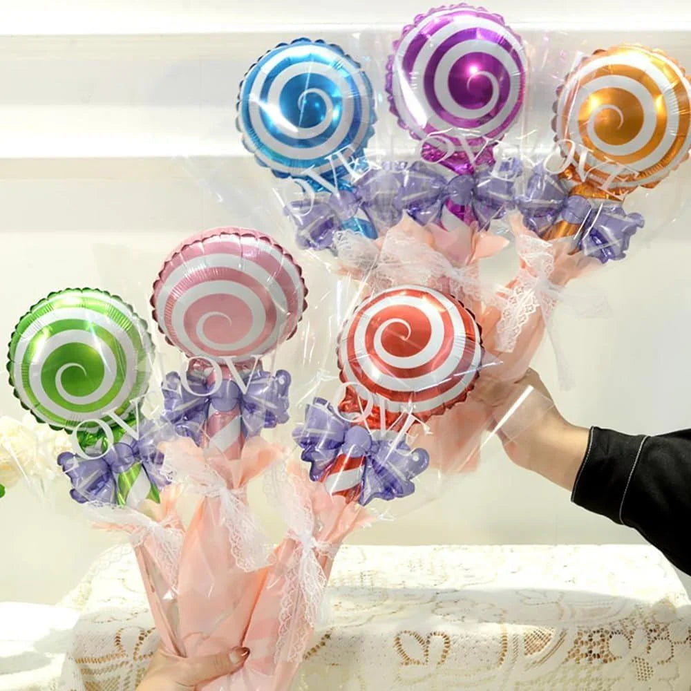 12Pcs Lollipop Foil Balloons with Bow, Swirl Candy Lollipop Handheld Balloon Stick for Candyland Birthday Baby Shower Party Deco