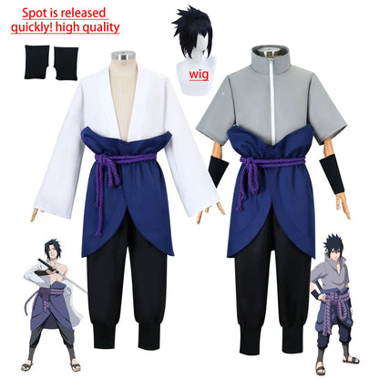 Uchiha Sasuke Cosplay Costume Set - Anime Hokage Shippuden Third Generation Gray Top Suit Wig for Halloween
