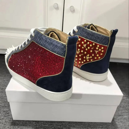 Red Rhinestones Gold Metal Rivets Men's Casual Sports Shoes Round Toe Lace-Up Thick Flat Sole High-Top Sneakers Male Patchwork