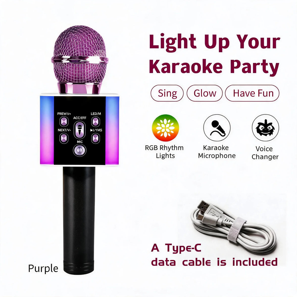 6-In-1 Wireless Karaoke Mic - Big Bass Wireless Speaker, LED Lights, Voice Changer, Pairable - Portable Singing Mic for Family, Birthday, Parties, Car Trips, Halloween, Thanksgiving And Christmas Gifts