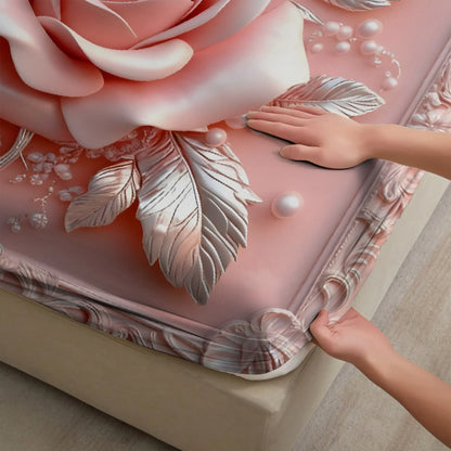 1pc 3D Embossed Pink Rose Print Fitted Sheet Deep Pocket Elastic Mattress Cover Single Double Queen King Bedroom Decor