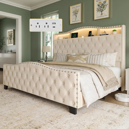 King Size Platform Bed Frame with 50.9" LED Headboard, Beige, Custom