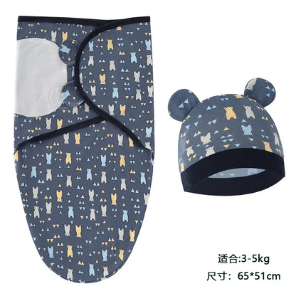 Baby Blanket Hat Set Cartoon Printed Cotton Newborn Swaddle Adjustable