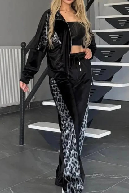 Women's 2-piece Set Retro Leopard Print Zipper Bomber Jacket Sweatshirt + High-waisted Trousers Sets Women's Velvet Pants Suit