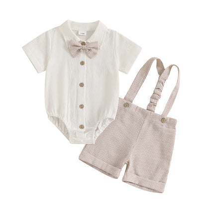 Infant Baby Boy Summer Gentleman Outfit Short Sleeve Lapel Neck Shirt Romper + Stripe Suspender Shorts + Bowtie for Newborn