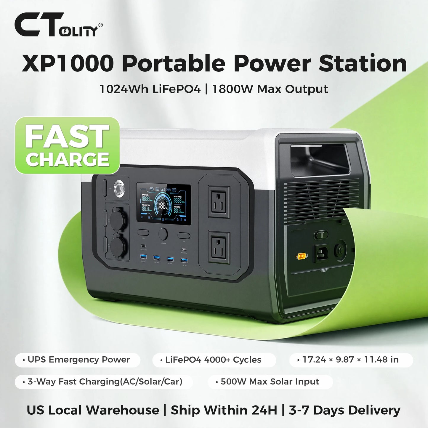 CTOLITY XP1000 PLUS Portable Power Station, 1024Wh LiFePO4 Solar Generator | 1800W (3000W Surge) | 1 Hour Super Fast Charge | Lightweight for Home Backup, Camping & Hurricane Emergency