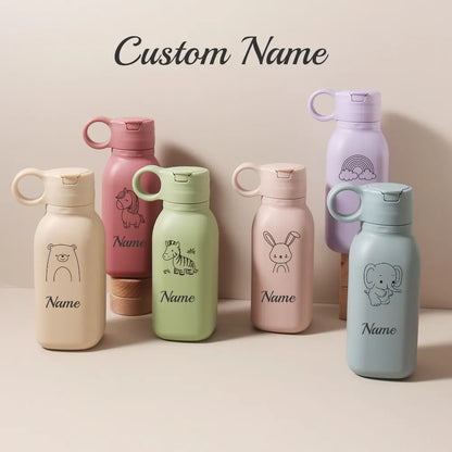 450ML Custom Name Silicone Straw Cup, Personalized Cartoon Pattern Water Bottle, Leakproof Sports Water Bottle for Kids Adults