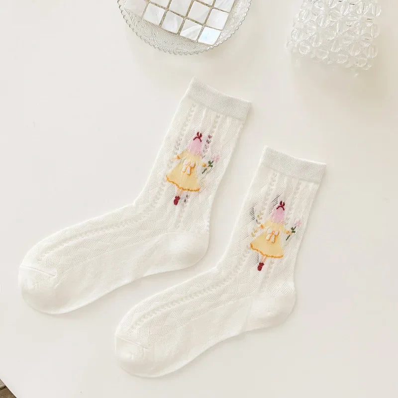 Transparent Crystal Silk Socks Women Fashion Ultra-thin Summer Harajuku Crew Socks Flower Streetwear Elastic Long Mesh Socks