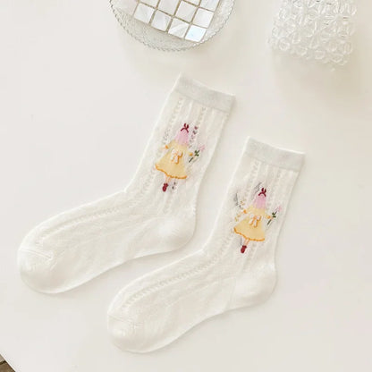 Transparent Crystal Silk Socks Women Fashion Ultra-thin Summer Harajuku Crew Socks Flower Streetwear Elastic Long Mesh Socks