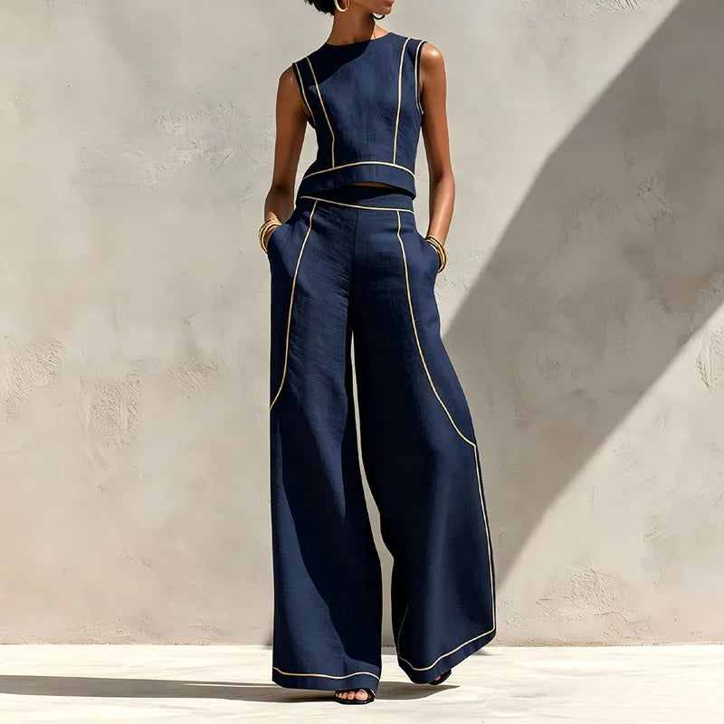 Women Striped Print 2 Piece Set Sleeveless Round Neck Tank Top High Waist Pocket Wide Leg Trousers Suit New Summer Resort Outfit