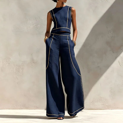 Women Striped Print 2 Piece Set Sleeveless Round Neck Tank Top High Waist Pocket Wide Leg Trousers Suit New Summer Resort Outfit