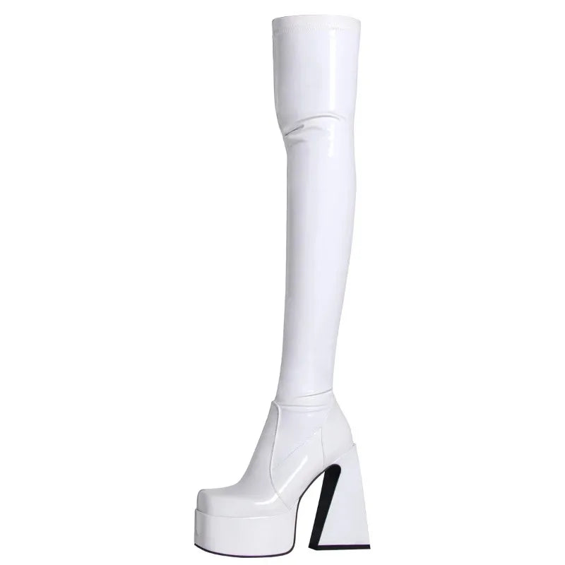 Women's Black Pyramids High Heels Thigh High Boots Sexy Platform White Over The Knee Party Shoes High Quality Big Size 43