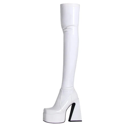 Women's Black Pyramids High Heels Thigh High Boots Sexy Platform White Over The Knee Party Shoes High Quality Big Size 43