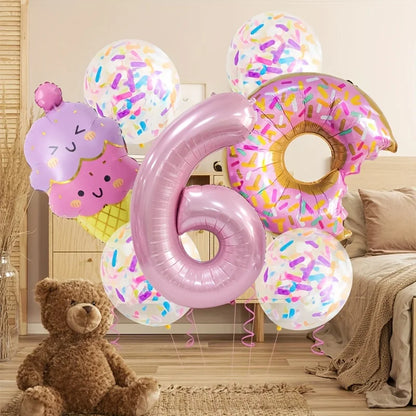 7-Piece Set of Cute Pink Donut Candy Foil Balloons 40inch Ice Cream Themed Birthday Party Scene Decoration Photo Props Indoor and Outdoor Decoration Cool Summer Gifts Anniversary Supplies, Halloween Decorations, Christmas Dec
