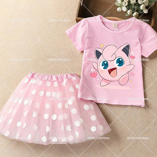 Kawaii Pikachu Eevee T-Shirt Skirt 2pcs Set Pokemon Jigglypuff Toddler Short Sleeve Tee Polka Dot Tutu Skirts Kids Clothes Set