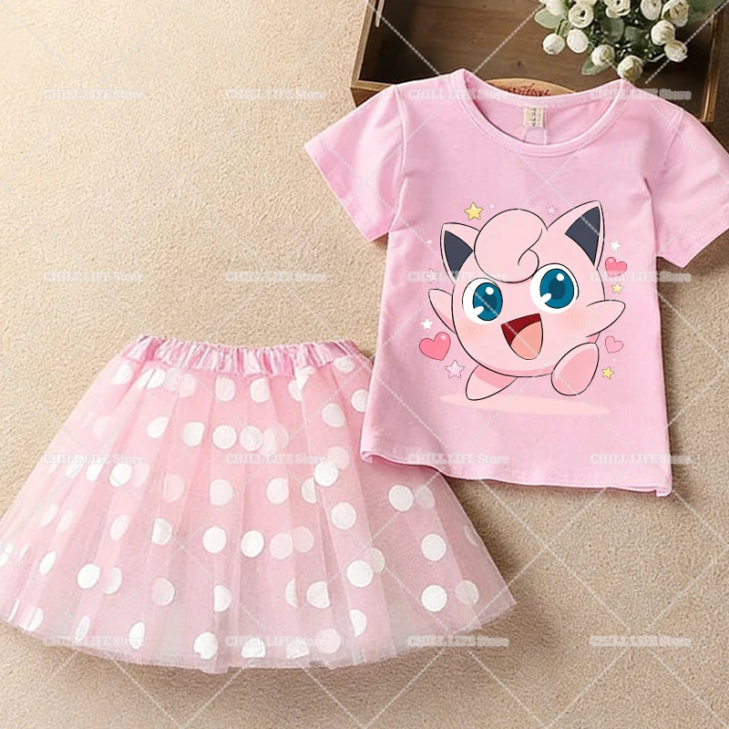 Kawaii Pikachu Eevee T-Shirt Skirt 2pcs Set Pokemon Jigglypuff Toddler Short Sleeve Tee Polka Dot Tutu Skirts Kids Clothes Set