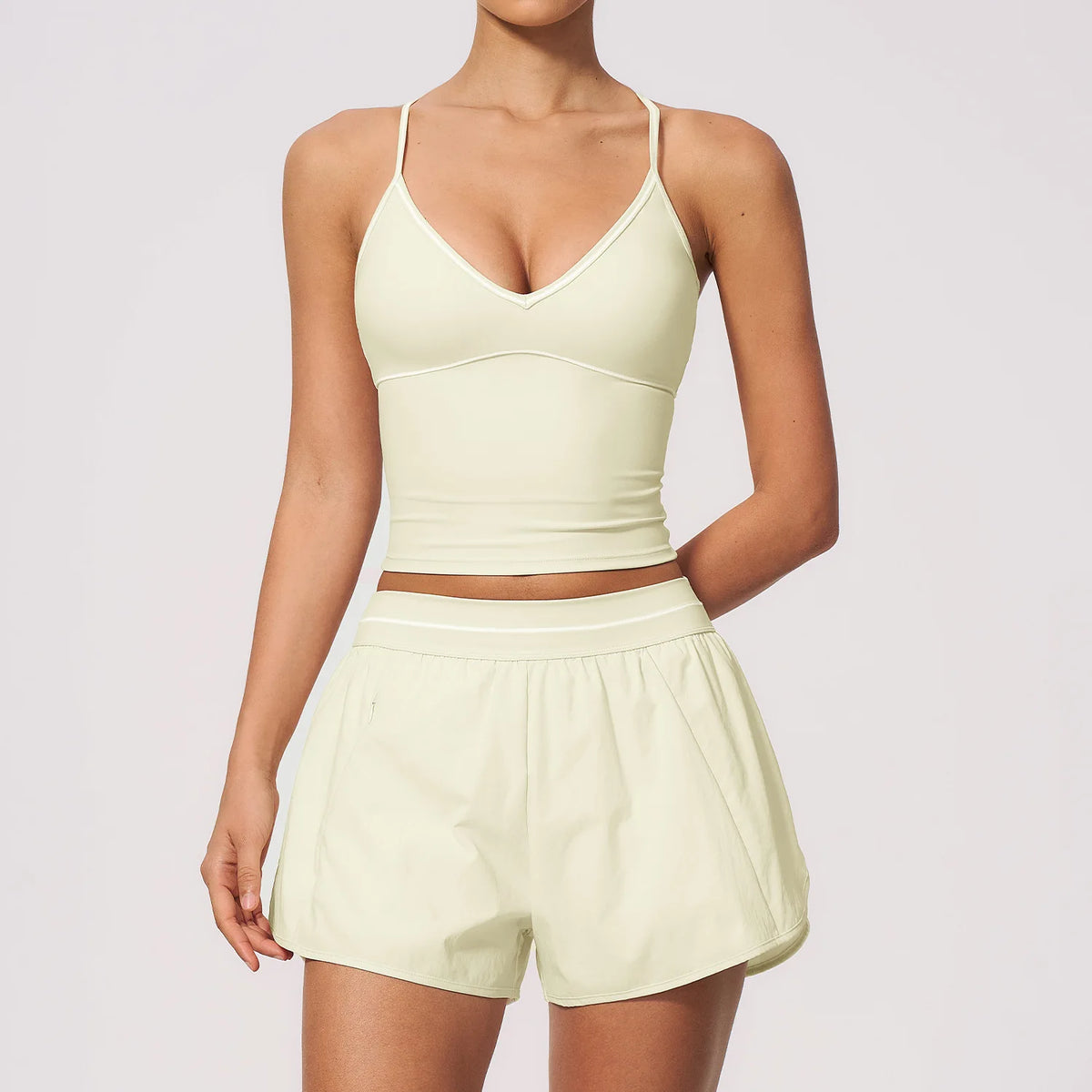 Women 2Pcs Activewear Set V Back Contrast Piping Shorts with Built in Liner and V Neck Crop Top for Gym Tennis Yoga Sportswear