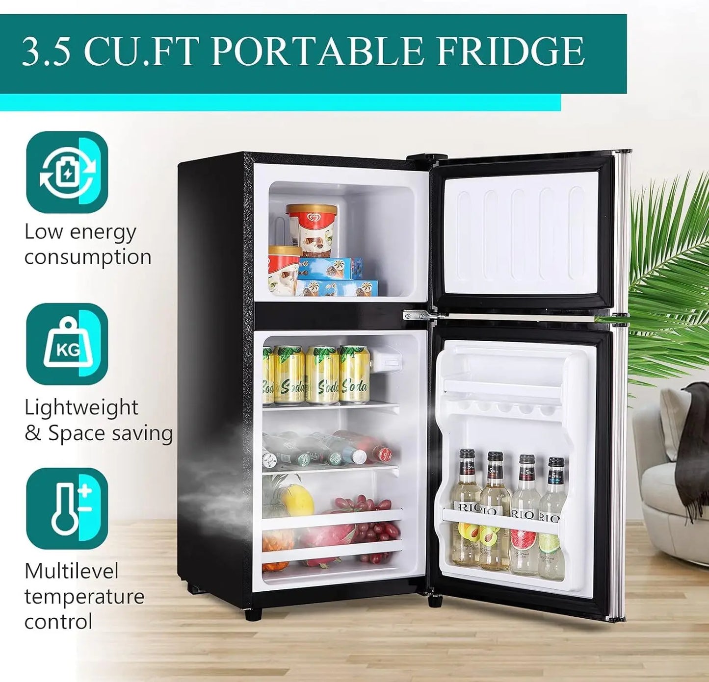 3.5Cu.Ft Compact Refrigerator Mini Fridge with Freezer, Small Compact Refrigerator with 2 Door, 7 Level Thermostat Removable Shelves for Kitchen, Dorm, Apartment, Bar, Office, Silver