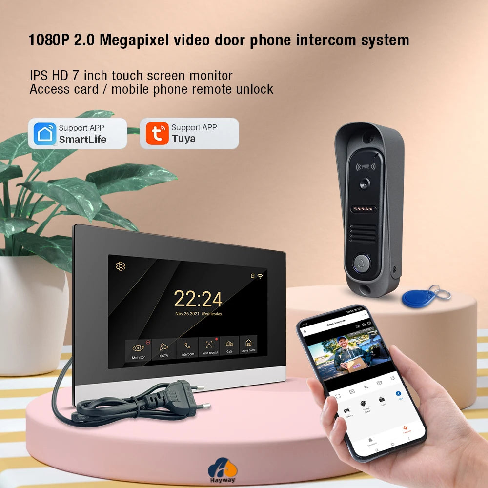 1080P Home Intercom System, 7" IPS FHD Screen and Metal Shell Doorbell, Mobile Detection, Image Storage, TUYA Wireless Doorbell