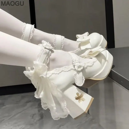 Lovely Girls Pink Lolita Butterfly Knot High Heels Platform Shoes for Women Cute Sakura Dress Mary Janes Beige Size 34-42