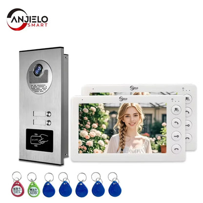 ANJIELO SMART 2/3/4 Unit Multi Apartments Intercom Video Doorbell with RFID Card Unlock 7inch 4Wired Video Door Phone System