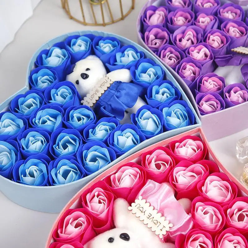 【P】Flower Red Pink Soap Rose Love Gift Box With Bear Valentine's Day Mother's Day Anniversary Gift Wedding Party Decorations