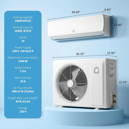 18000 BTU Mini Split Air Conditioner & Heater, 19 SEER2 230V Energy Saving Ductless AC Unit Cools Rooms up to 1250 Sq., Custom