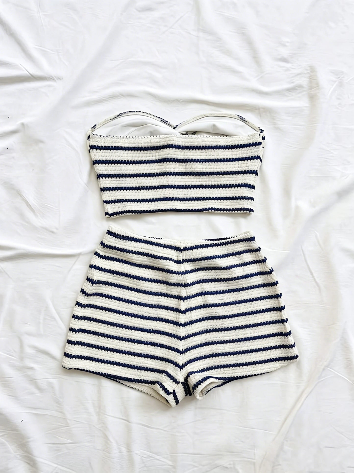 Striped Knit 2-Piece Set, Twist-Front Bandeau Top + Shorts
