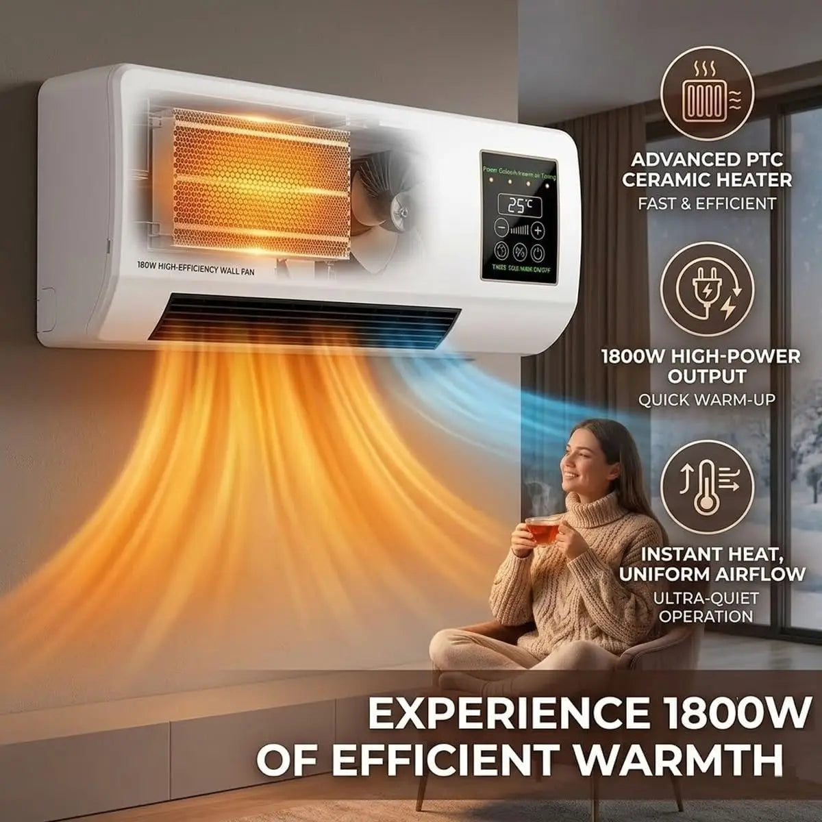 Wall Mounted Air Conditioner Fan, 2-in-1 Heater and Cooling Combo, 1800W PTC Space Heater Combo Unit with Remote 8H Timer, Quiet Ductless Smart Airflow for Bathroom Office(White)