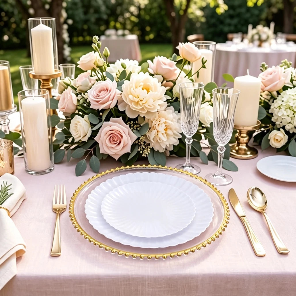 13 Inch Gold Beaded Clear Charger Plates Luxury Set for Wedding Table Dinner Birthday Party Reception Banquet Holiday Home Decor