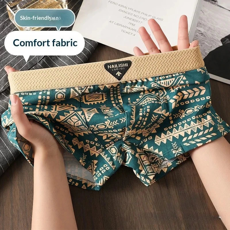 3pcs New Men's Underwear, Comfortable and Breathable Boxer Briefs, Trendy Retro Ethnic Style, Mid-Rise Shorts for Men