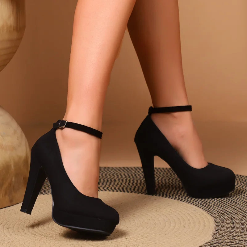Spring Women Pumps Flock Sweet Thick High Heels Ankle Strap Female Platform Classic Round Toe Dress Cute Shoes Ladies Footwear