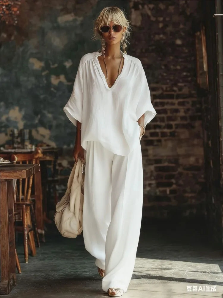 Women's Fashion Simple Casual White Two Piece Sets Spring Summer V Neck Short Sleeve Loose Top & Wide Leg Pants Vacation Set