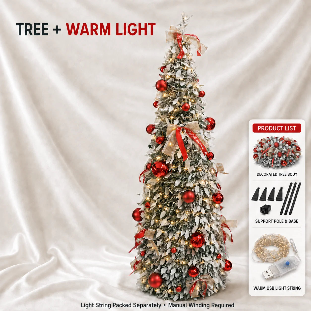 150cm/180cm/210cm Pop Up Collapsible PVC Artificial Christmas Tree Pre Decorated Optional USB LED Lights Metal Stand Home Decor