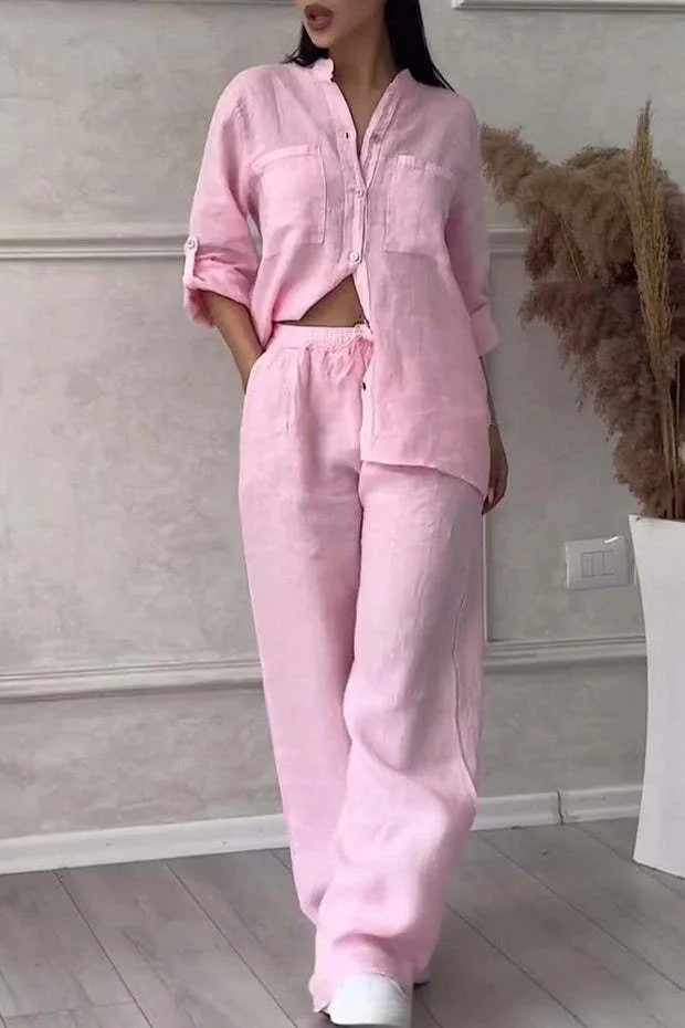 Autumn Cotton And Linen Pant Sets Women Fashion Long Sleeve Shirts Lace Up Pant Two Piece Set Casual Loose Wide Leg Pants Suit